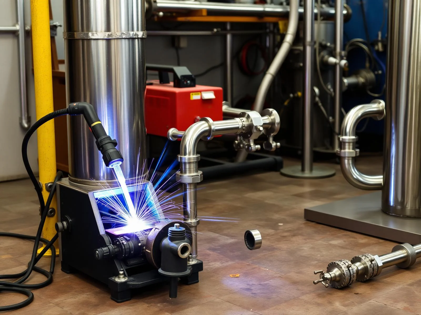 TIG welding unit, grinding discs and sanitary stainless steel pipework prepared by AMAT fabricators