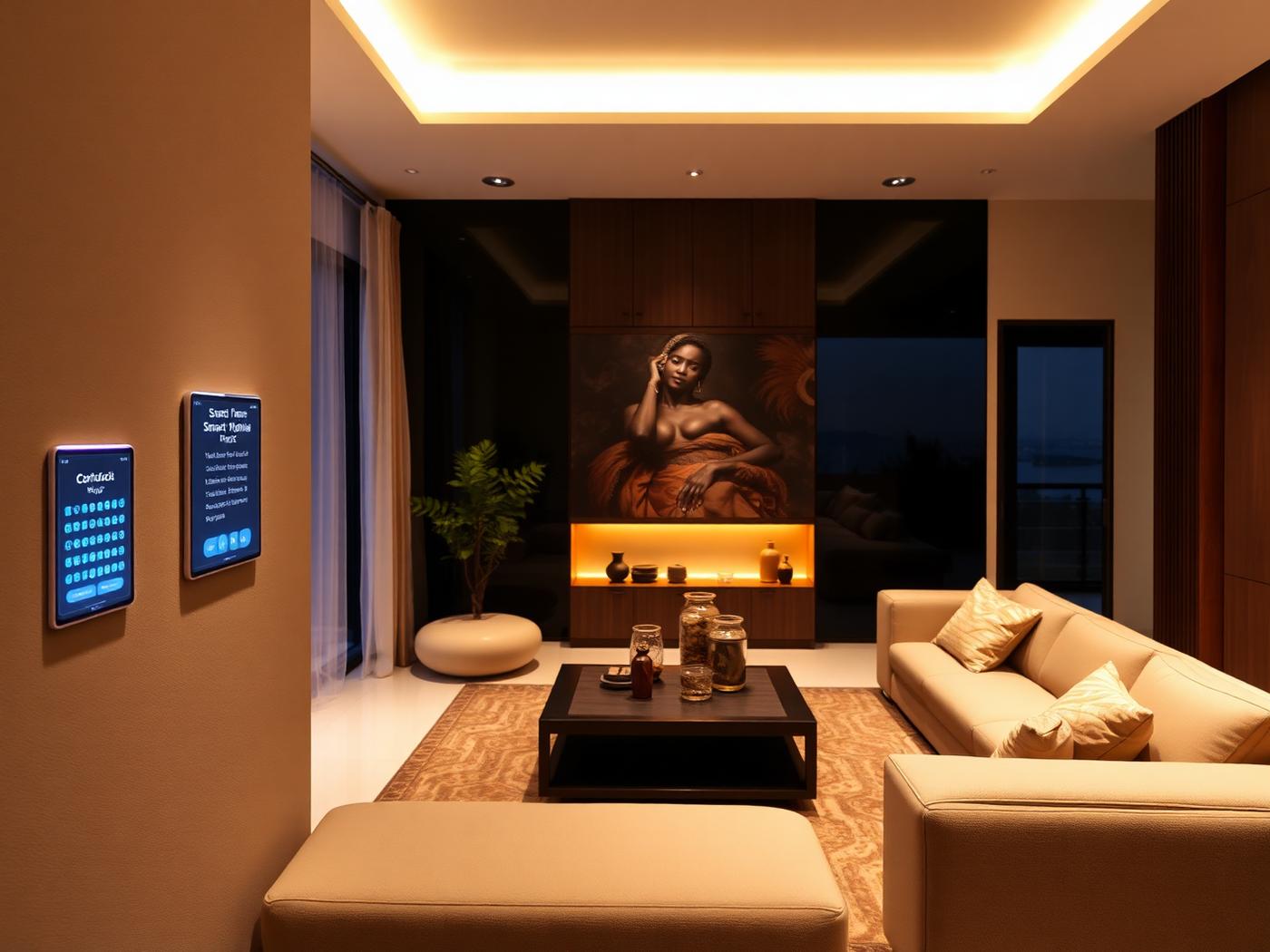 Smart home control panel managing lighting and climate in a modern living room